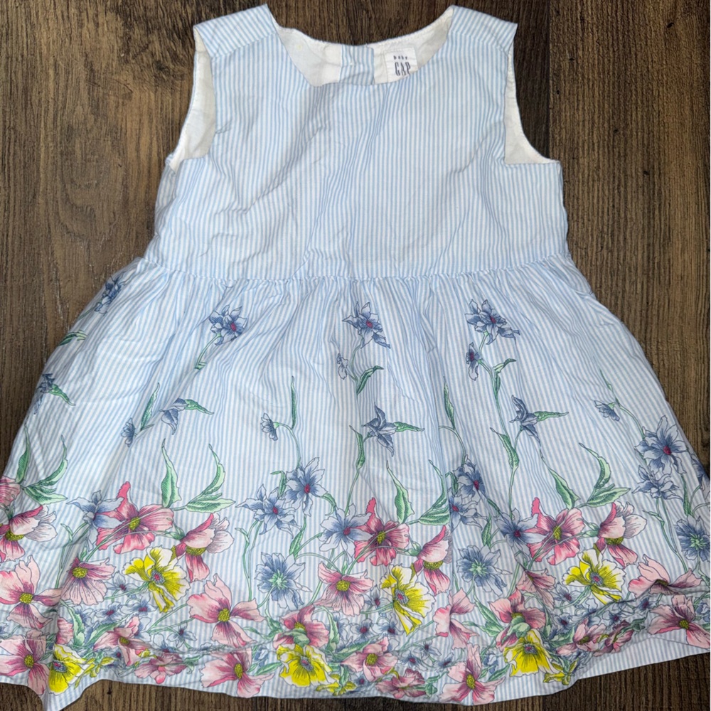 GAP Light Blue Striped Floral Easter Dress with Pink Yellow and Blue Blooms